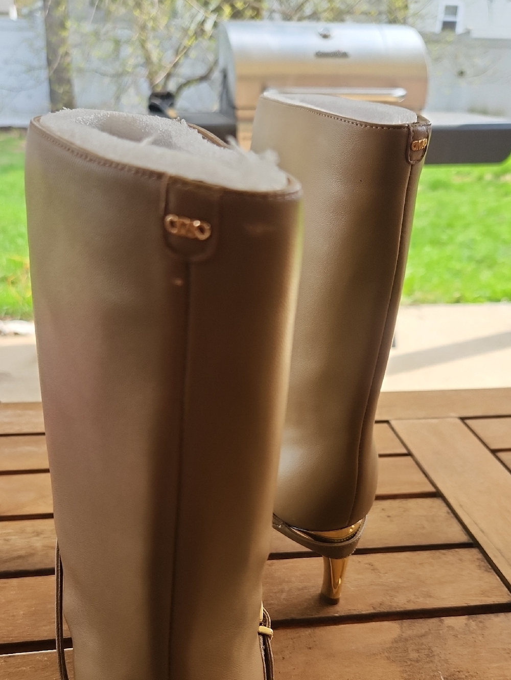 Micheal Kors Tan Pointed Toe Mid-Calf Boots with Gold Toe Cap and Heels - Picture 4 of 7